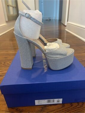 Stuart Weitzman Silver Glitter Platform Sandals with Ankle Strap